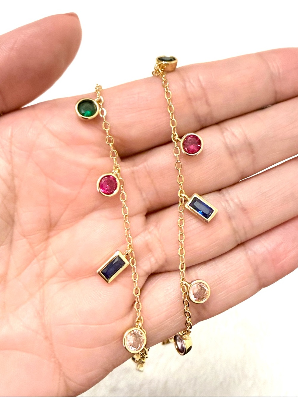 Gold Plated Multi-Gemstone Dangle Necklace - Pink, Green, Blue